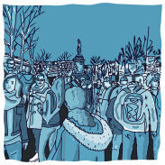 une foule d'hommes et de femmes, devant un monument enneigé